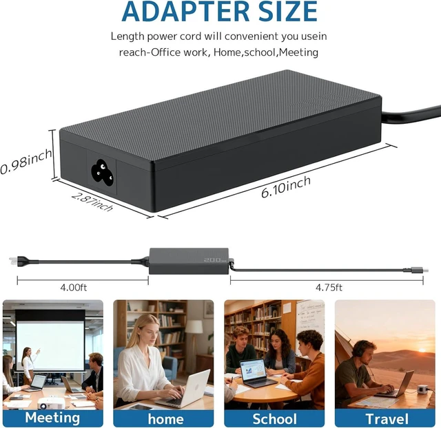 Alt view image 7 of 7 - 200W AC Adapter ADP-200JB K Laptop Charger for ASUS ROG Zephyrus G16 GA605W GU605 GA605, TUF Gaming A14 FA401, ProArt PX13 P16 H7606 PZ13 HN7306, Rectangle Connector Notebook Power Supply with Cord