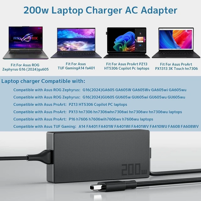 Alt view image 4 of 7 - 200W AC Adapter ADP-200JB K Laptop Charger for ASUS ROG Zephyrus G16 GA605W GU605 GA605, TUF Gaming A14 FA401, ProArt PX13 P16 H7606 PZ13 HN7306, Rectangle Connector Notebook Power Supply with Cord