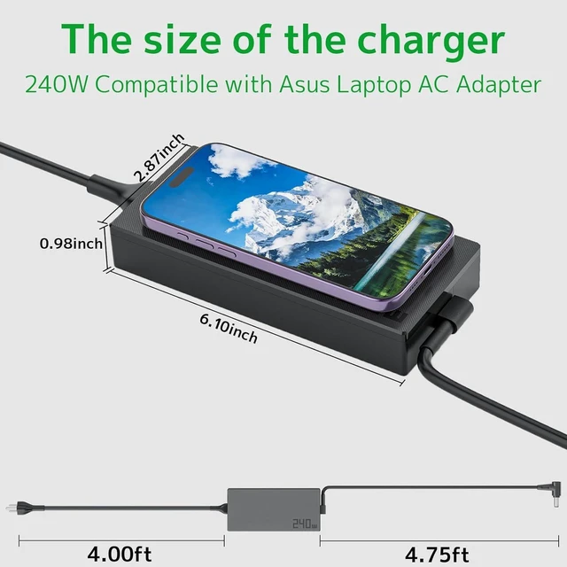 Alt view image 6 of 7 - 240W AC Laptop Charger Power Supply for ASUS ROG Strix Scar 17 II III, Vivobook Pro 15X 16X OLED, Zephyrus G14 G15 M16, TUF Dash A15 F15 A16 F17, Flow ZenBook Gaming Notebook, 6.0x3.7mm DC Connector