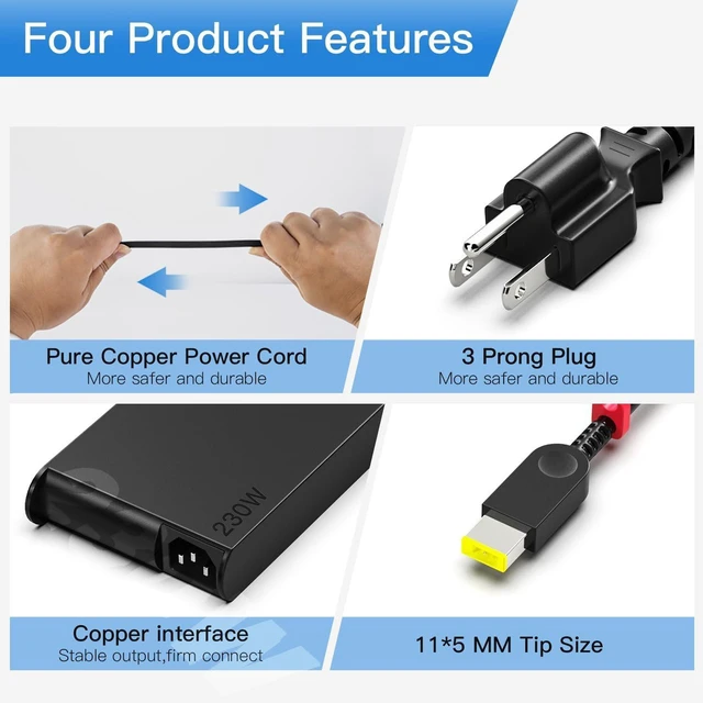 Alt view image 7 of 7 - 230W 20V 11.5A AC Laptop Charger for Lenovo Legion 5 7 5P C7 S7 Y540 Y545 Y740 Y730 Y900 Y910 Y920 Y7000 Y9000K, GX20L29347 ADL230NLC3A ADL230NDC3A 4X20E75111 Notebook Power Supply Adapter with Cord