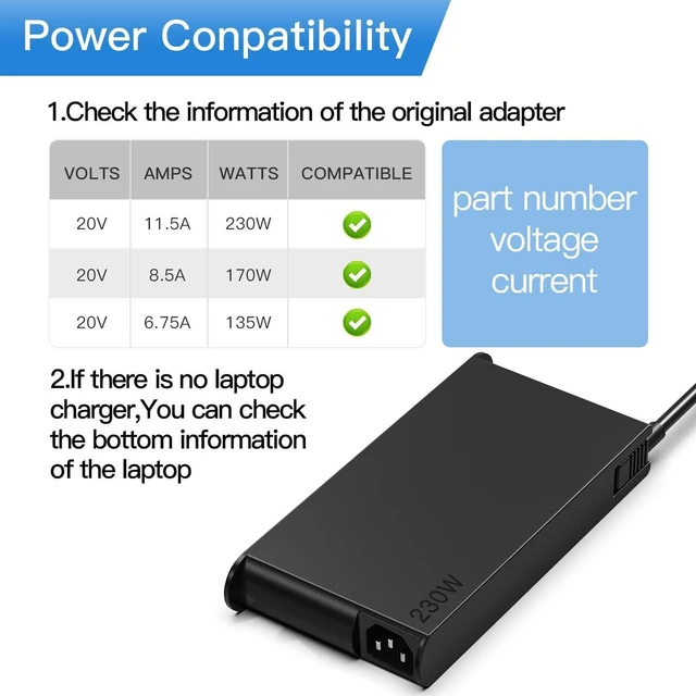 Alt view image 6 of 7 - 230W 20V 11.5A AC Laptop Charger for Lenovo Legion 5 7 5P C7 S7 Y540 Y545 Y740 Y730 Y900 Y910 Y920 Y7000 Y9000K, GX20L29347 ADL230NLC3A ADL230NDC3A 4X20E75111 Notebook Power Supply Adapter with Cord