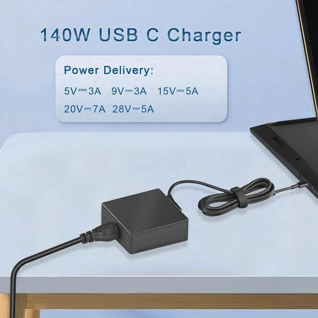 Alt view image 6 of 6 - 140W USB Type C Charger Compatible with ASUS ROG Flow Z13 X13 Gaming Laptop, ROG Bulwark Dock (2025) DG300, MSI Summit E16 SummitPro 14 16, A24-140P2A A23-140P1A ADP-140EB B USB-C AC Adapter Power Sup