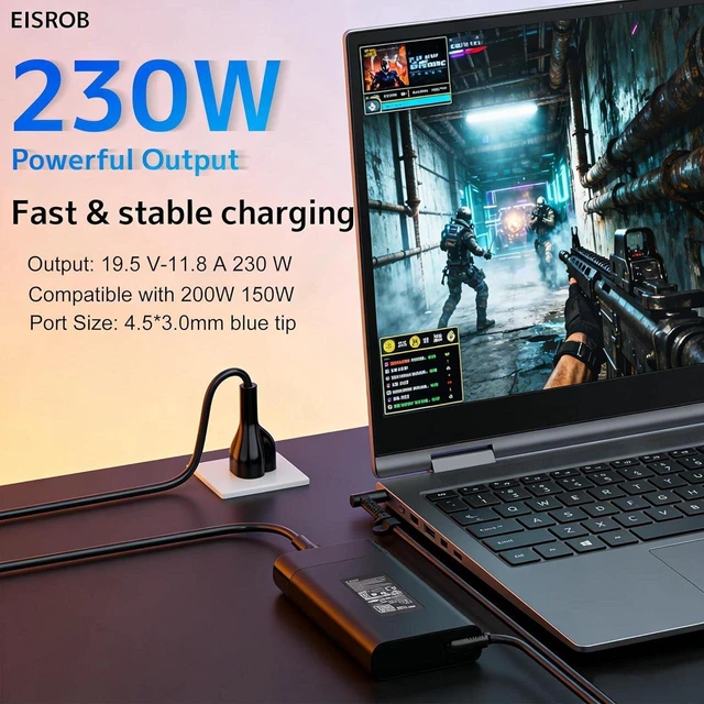Alt view image 2 of 7 - 230W 19.5V 11.8A AC Adapter Fit for HP Omen 15 16 17, Victus 16 Gaming Laptop, ZBook Fury 16 G8 G9 G10 Envy, M41303-001 M85389-003 M35733-001 M85389-001 TPN-LA10 TPN-DA12, Backward Compatible with