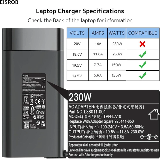 Alt view image 6 of 7 - 230W 19.5V 11.8A AC Adapter Fit for HP Omen 15 16 17, Victus 16 Gaming Laptop, ZBook Fury 16 G8 G9 G10 Envy, M41303-001 M85389-003 M35733-001 M85389-001 TPN-LA10 TPN-DA12, Backward Compatible with