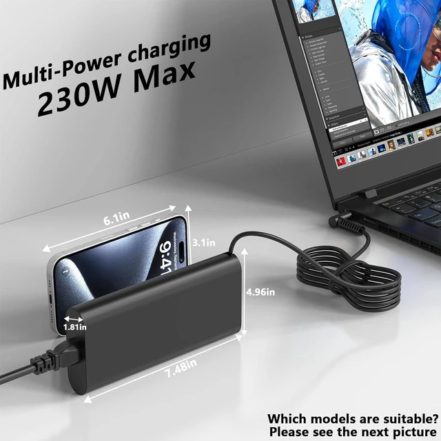 Alt view image 5 of 7 - 230W AC Laptop Charger Power Supply Compatible with HP Omen 17 16 15 17.3 X 2S 16.1", Omen Max Transcend, Victus Gaming 15 16, ZBook Fury 17 G11, m85389-003 m85389-001 RTX5070 RTX5060 Notebook Adapter