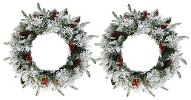 Main image of 2 Pack 18in Pre-lit Snow Flocked Christmas Wreath, Lighted Artificial Xmas Wreath with 60 Warm Lights and 140 Tips and Red Berries Pine Cones, for Front Door Gate Wall Xmas Party Decorations