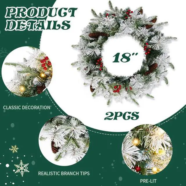 Alt view image 3 of 5 - 2 Pack 18in Pre-lit Snow Flocked Christmas Wreath, Lighted Artificial Xmas Wreath with 60 Warm Lights and 140 Tips and Red Berries Pine Cones, for Front Door Gate Wall Xmas Party Decorations