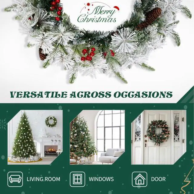 Alt view image 2 of 5 - 2 Pack 18in Pre-lit Snow Flocked Christmas Wreath, Lighted Artificial Xmas Wreath with 60 Warm Lights and 140 Tips and Red Berries Pine Cones, for Front Door Gate Wall Xmas Party Decorations
