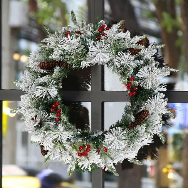 Alt view image 4 of 5 - 2 Pack 18in Pre-lit Snow Flocked Christmas Wreath, Lighted Artificial Xmas Wreath with 60 Warm Lights and 140 Tips and Red Berries Pine Cones, for Front Door Gate Wall Xmas Party Decorations