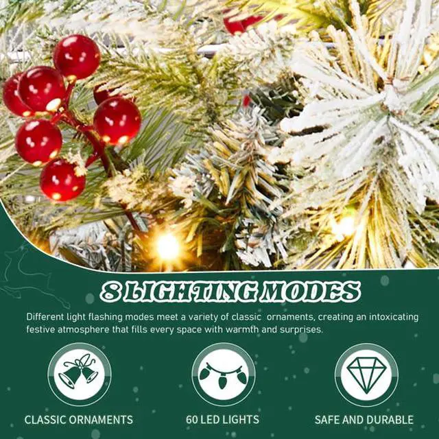 Alt view image 5 of 5 - 2 Pack 18in Pre-lit Snow Flocked Christmas Wreath, Lighted Artificial Xmas Wreath with 60 Warm Lights and 140 Tips and Red Berries Pine Cones, for Front Door Gate Wall Xmas Party Decorations