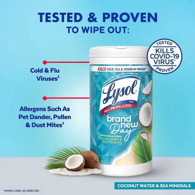 Alt view image 3 of 6 - Lysol Disinfecting Wipes, All Purpose Cleaner, Multi Surface Antibacterial Cleaning Wipes, Cleaning Supplies, Coconut & Sea Minerals Scent, 80 Count