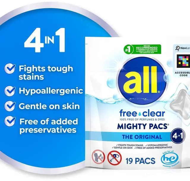 Alt view image 4 of 6 - all Unit Dose Laundry Detergent, Mighty Pacs, Free Clear, 19 Count