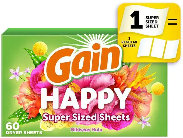 Main image of Gain Dryer Sheets, Happy, Hibiscus Hula Scent, 60 Mega Dryer Sheets