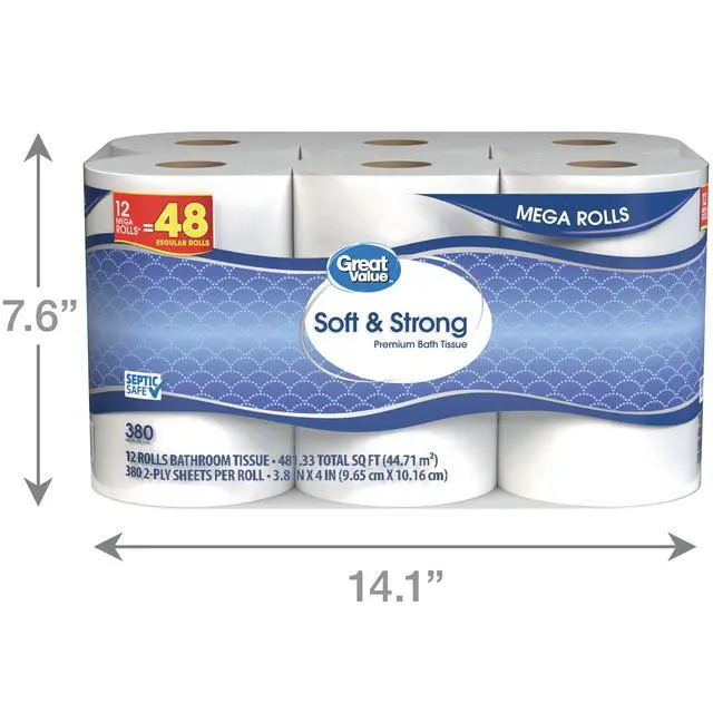 Alt view image 3 of 6 - Great Value Soft & Strong Toilet Paper, 12 Mega Rolls, 380 Sheets per Roll