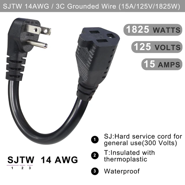 Alt view image 6 of 7 - Short 6-Inch 14AWG/3C SJTW Indoor/Outdoor Heavy Duty Extension Cord, Low Profile 90-Degree Flat Plug, 15A/125V 1875W NEMA 5-15P to 5-15R, Black 1-Pack