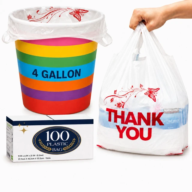 Main image of 4 Gallon Small Plastic Trash Bags with Handles, 100 Count, 11"x21", for Home, Kitchen, Office, Bathroom, Thank You T-Shirt Style for Small Business, Takeout, Grocery Use