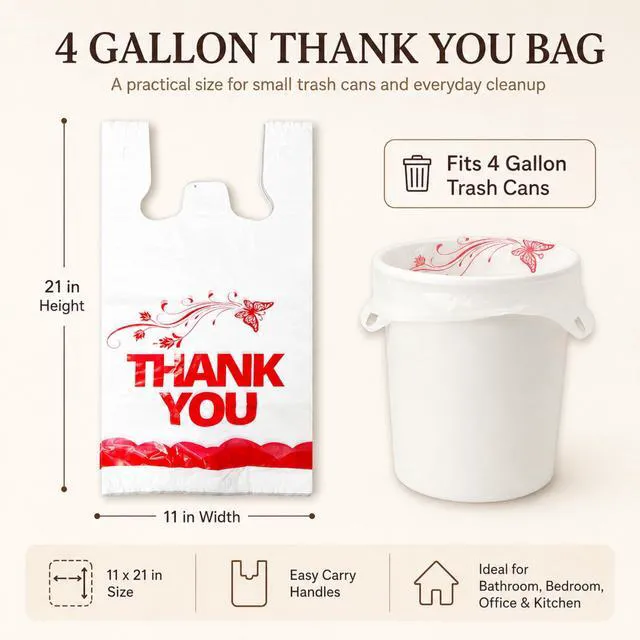 Alt view image 7 of 7 - 4 Gallon Small Plastic Trash Bags with Handles, 100 Count, 11"x21", for Home, Kitchen, Office, Bathroom, Thank You T-Shirt Style for Small Business, Takeout, Grocery Use