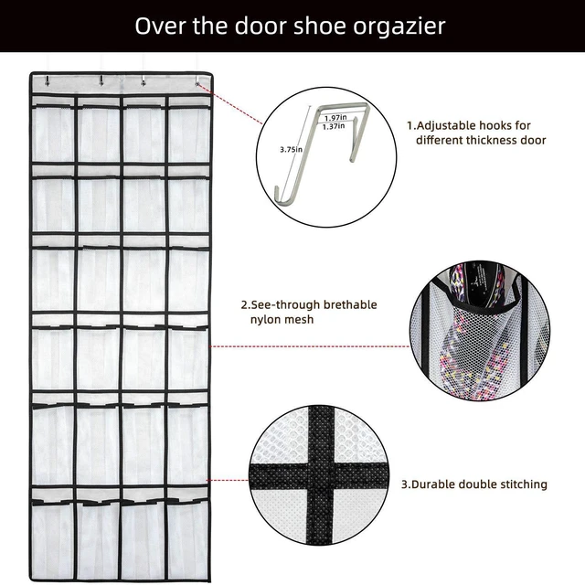 Alt view image 3 of 6 - SAVERHO Over the Door Shoe Organizer with 24 Mesh Large Pockets, Hanging Shoe Storage Bag for Men, Women, Kids, White