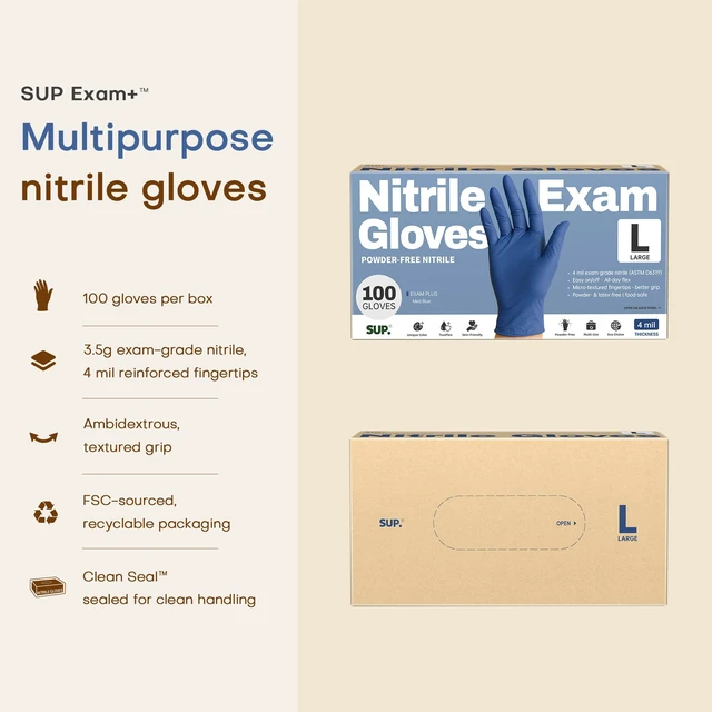 Alt view image 4 of 6 - SUP Powder-Free Nitrile Exam Gloves, Food Safe, Latex-Free, Medical, Non-Sterile, Cooking Disposable, Blue, 100/1000 Count