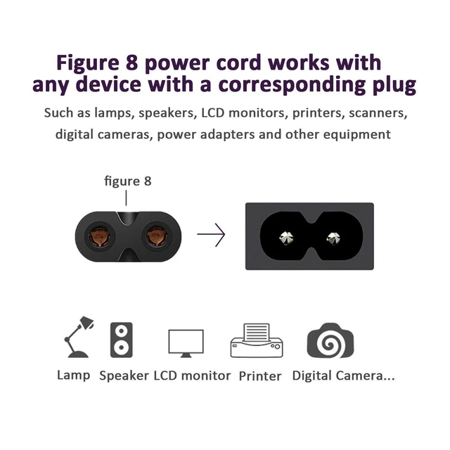 Alt view image 3 of 6 - EU 2-Slot Power Cord Euro Plug to IEC320 C7 Figure 8 Non-Polarized 2 Prong 6FT for TV, PS3, PS4, Computers, Printers