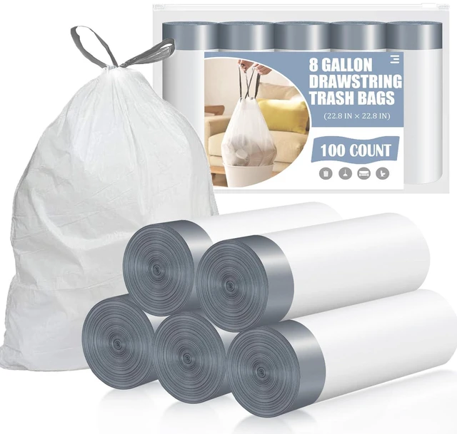 Main image of 8 Gallon Drawstring Trash Bags, 100 Count, Pre-separated, Medium, Unscented White