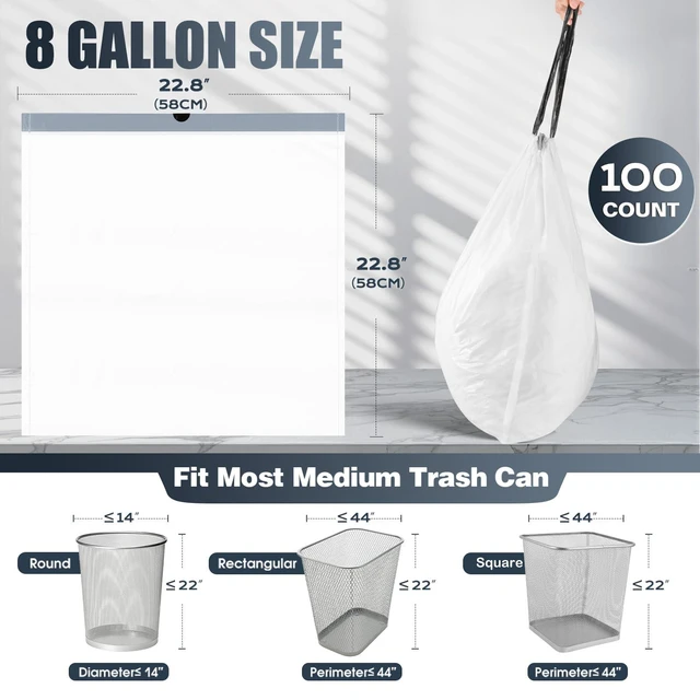 Alt view image 4 of 5 - 8 Gallon Drawstring Trash Bags, 100 Count, Pre-separated, Medium, Unscented White