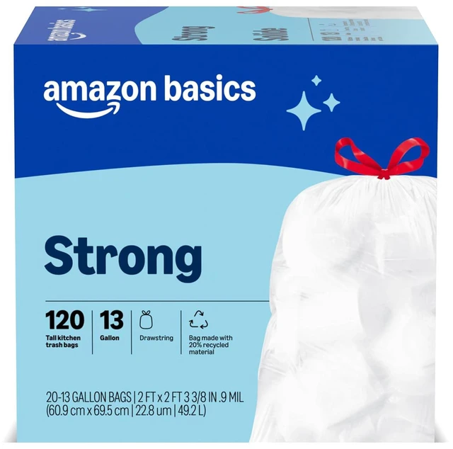 Main image of Amazon Basics Tall Kitchen Drawstring Trash Bags, Unscented, 13 Gallon, 120 Count, Pack of 1