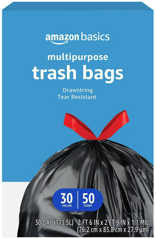 Main image of 30Gallon Capacity, 50Count Amazon Basics Multipurpose Drawstring Trash Bags, Tear Resistant