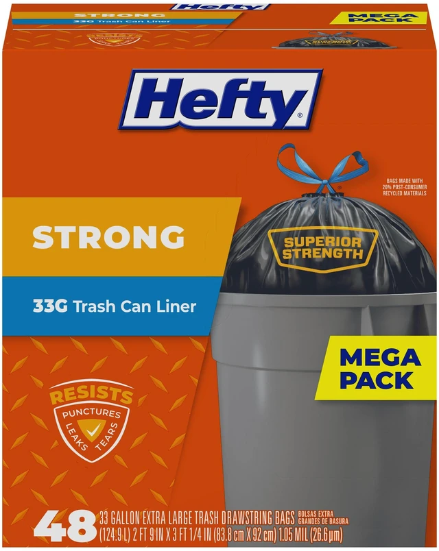 Main image of Hefty Strong 33 Gallon Trash Bags, Black, Unscented, with Drawstrings, 48ct