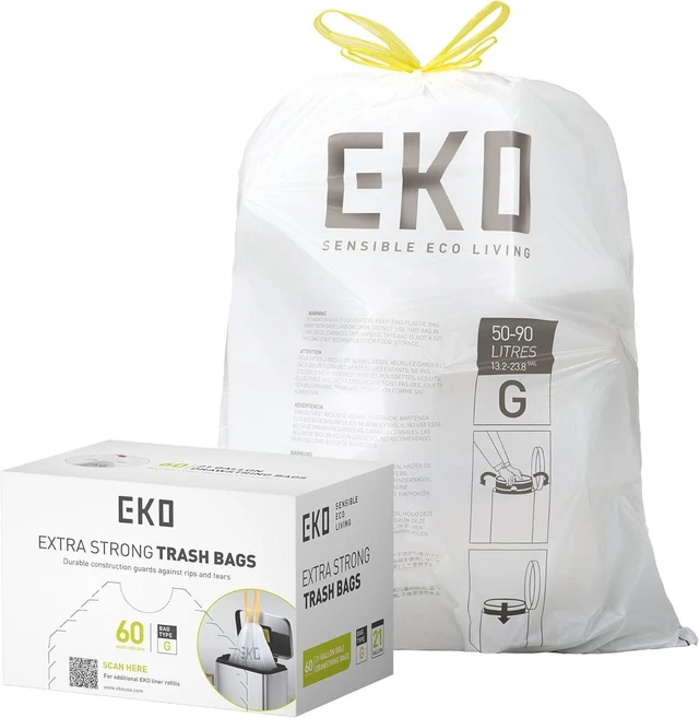 Main image of EKO Code G 21 Gallon 60 Count Drawstring Trash Bags, Extra-Strong Unscented, Easy-Dispense Roll, White