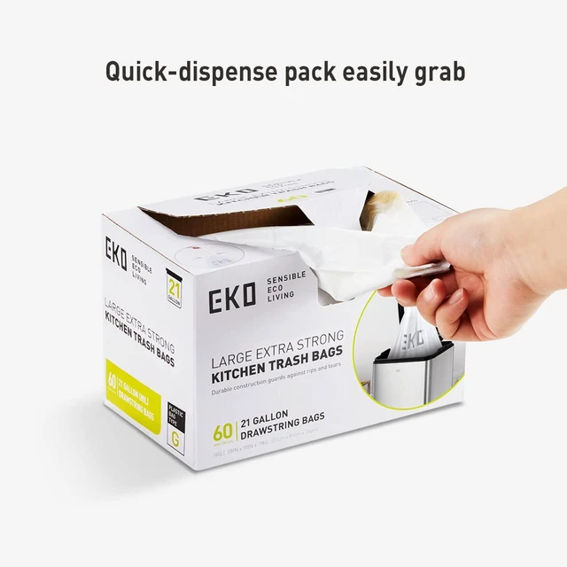 Alt view image 3 of 6 - EKO Code G 21 Gallon 60 Count Drawstring Trash Bags, Extra-Strong Unscented, Easy-Dispense Roll, White