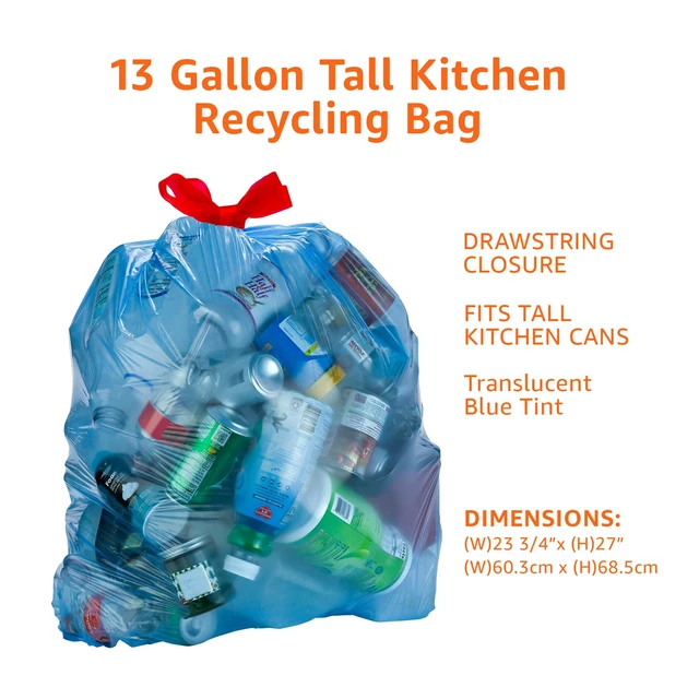 Alt view image 2 of 6 - Amazon Basics 13 Gallon Blue Recycling Drawstring Trash Bags, Tall Kitchen, Unscented, 60 Count