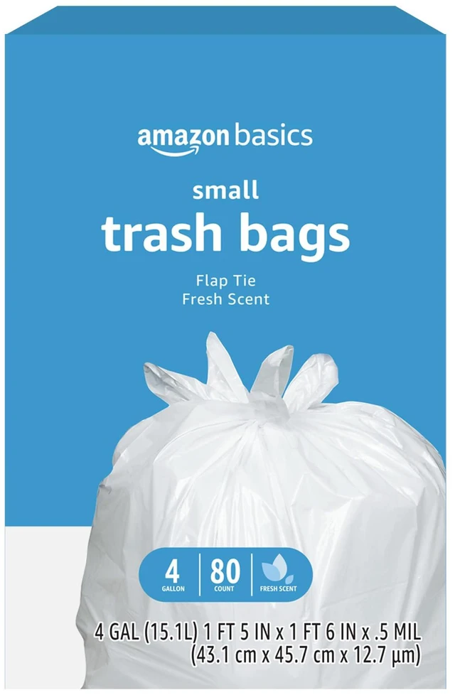 Main image of Amazon Basics Small 4Gallon Trash Bags with Flap Ties, Fresh Scent, Odor Control, 0.5mil Thick, 80Count