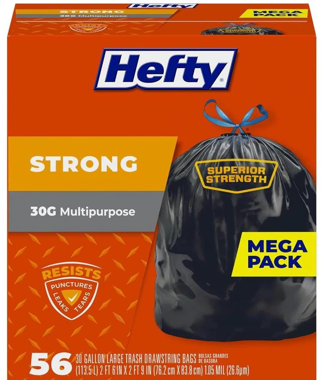 Main image of Hefty Strong 30 Gallon Trash Bags, Large Trash Bags 30 Gallon Size, Durable Drawstring Enclosure, Resists Punctures, Leaks, and Tears, Black, Unscented, 56 Bags