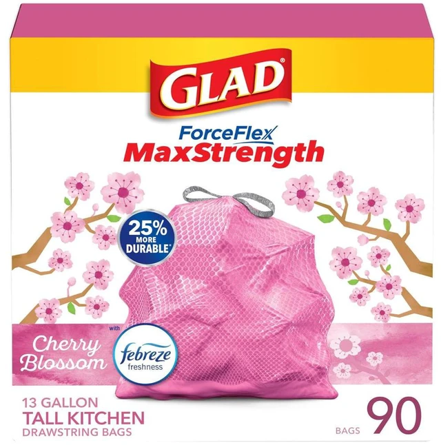 Main image of Glad ForceFlex MaxStrength Tall Kitchen Trash Bags, Rip and Tear Resistant, Cherry Blossoms Scented Pink Tall Garbage Bags, Odor Control, Febreze Freshness, 13 Gallon, 90 Count