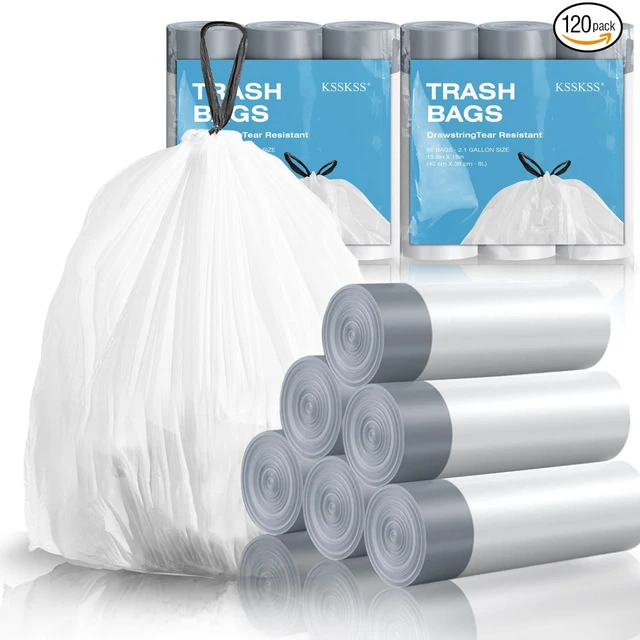 Main image of KSSKSS Code a Fit 120 Count 1.6 Gallon Mini Drawstring Trash Bags, White, 4.5-8L / 1.2-2Gal, for Home Office Kitchen Bathroom Bedroom