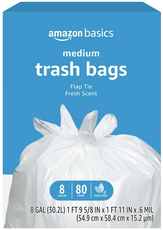 Main image of Amazon Basics 8 Gallon Flap Tie Trash Bags, Fresh Scent, 80 Count