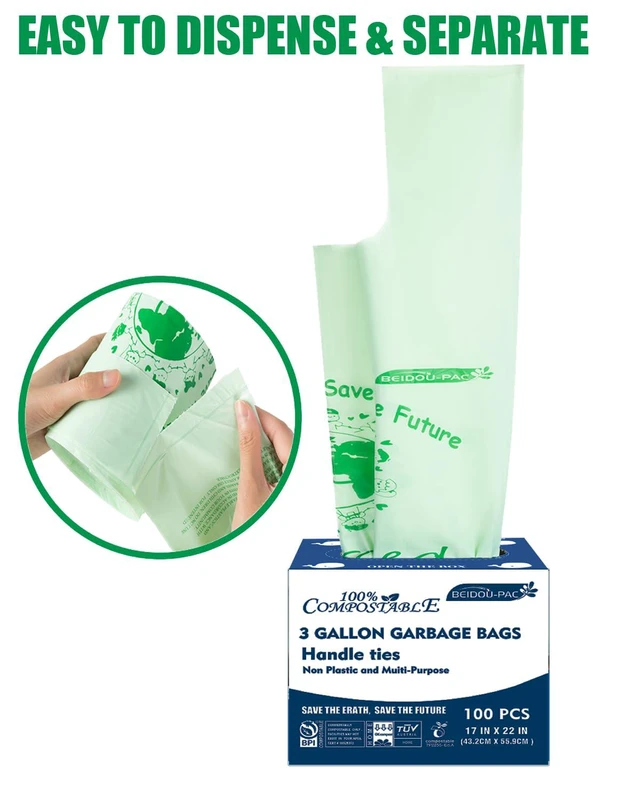 Alt view image 5 of 6 - BEIDOU-PAC 100% Compostable Trash Bags 3 Gallon with Handle, 100 Count, ASTM D6400 & US BPI Certified