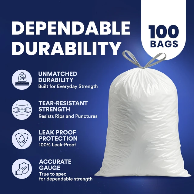 Alt view image 4 of 6 - Plasticplace 5 Gallon Trash Bags, White Drawstring, 19" x 25", 100 Count, 0.9 Mil Multi-Purpose Kitchen Bathroom Office Car Plastic Bags