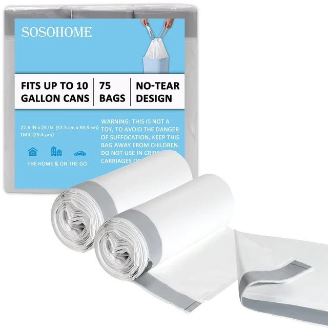 Main image of 10 Gallon Drawstring Trash Bags, 1 Mil Thick, White, 75 Count