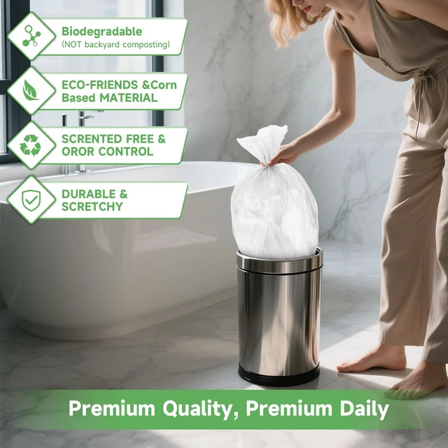Alt view image 4 of 7 - Heihaily Small Compostable Trash Bags 2.6 Gallon 100 Count Unscented Biodegradable Clear White Durable Thick Waste Basket Liners for Kitchen Office Car Pet
