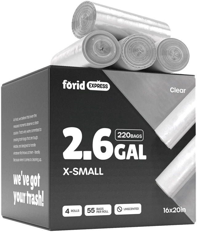 Main image of FORID Clear Small Plastic Trash Bags, 2.6Gallon, 220Count, for Bathroom, Bedroom, Office, Durable & Thick
