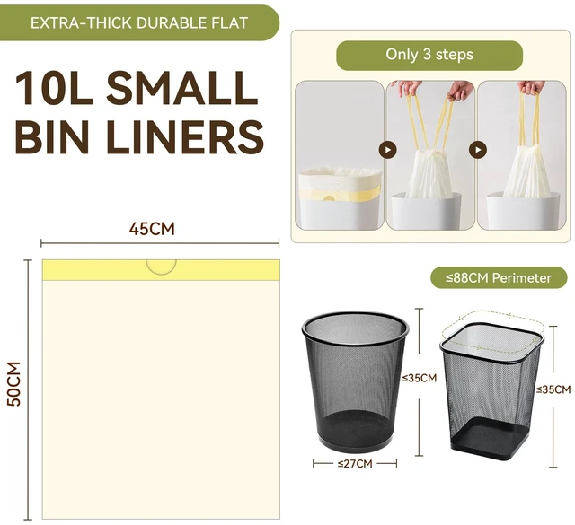 Alt view image 2 of 6 - Bin Bags with Drawstring, 10L, 90 Count, 45x50cm, Thick Plastic, for Bedroom Kitchen Office