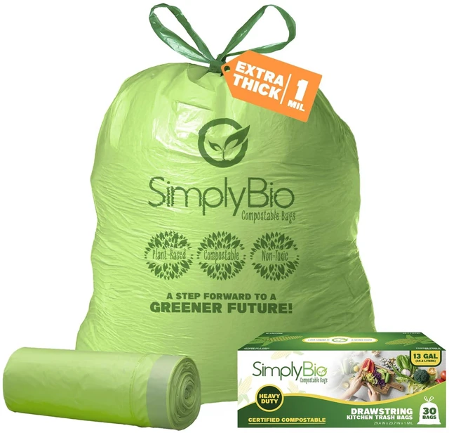 Main image of Simply Bio 13 Gallon Compostable Drawstring Trash Bags, 49.21 Liter, 30 Count, Heavy Duty 1 Mil, ASTM D6400, US BPI and OK Compost Home Certified