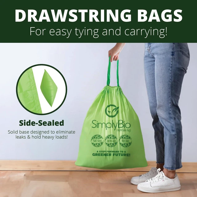 Alt view image 6 of 6 - Simply Bio 13 Gallon Compostable Drawstring Trash Bags, 49.21 Liter, 30 Count, Heavy Duty 1 Mil, ASTM D6400, US BPI and OK Compost Home Certified