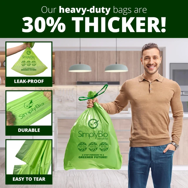 Alt view image 5 of 6 - Simply Bio 13 Gallon Compostable Drawstring Trash Bags, 49.21 Liter, 30 Count, Heavy Duty 1 Mil, ASTM D6400, US BPI and OK Compost Home Certified