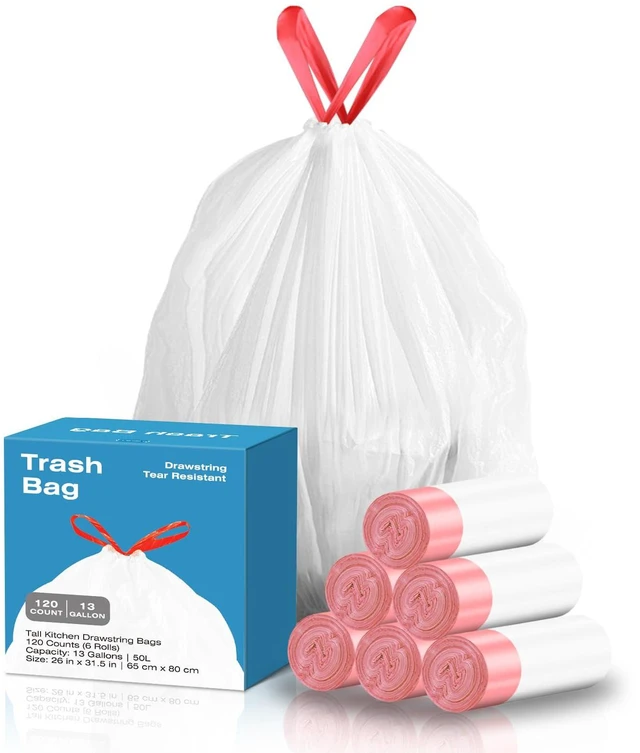Main image of KdbK 13.2 Gallon Tall Drawstring Trash Bags, 120 Count Pre-separated, Unscented, Leak Proof, for Kitchen, Office, Home