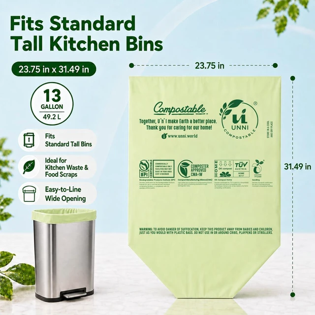 Alt view image 2 of 7 - UNNI Compostable Bags 13 Gallon 49.2 Liter 50 Count Extra Thick 0.9 Mil
