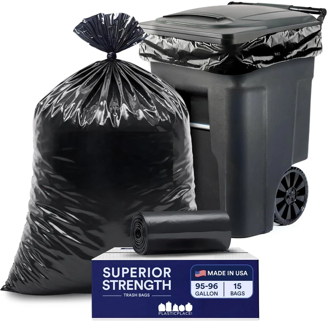 Main image of Plasticplace 95-96 Gallon Heavy Duty Black Trash Bags, Contractor Grade, Extra Large, 1.2 Mil, 61" x 68", 15 Count