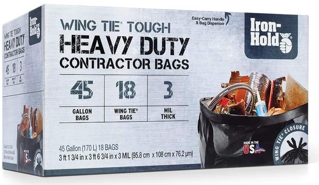 Main image of Contractor Trash Bags 45 Gallon, 18 Bags, 3MIL, Wing Tie Closure, Gusseted Bottom, Black - Heavy Duty Industrial Strength